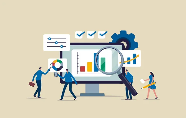 Business performance Data analysis. Diagrams for SEO. Marketing research charts. Business team use magnifying glass and productivity tools to analyze charts. illustration