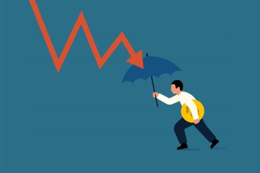 Ekonomik kriz ya da piyasa düşüşü sırasında koruyucu ya da savunmacı hisse senetleri. İş adamı Şemsiyeyi elinde tutuyor, Arrow 'dan Shield' a. Vektör İllüstrasyonu