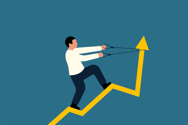 Businessman riding the arrow going up. Vector Business Illustration