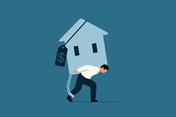 stock image Real Estate Crisis Concept. Overpaying in Real Estate and House Mortgages. Stressed Office Worker Carrying House with Expensive Price Tag. Vector Business Illustration