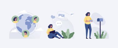 Young woman having videoconference with colleagues. Corporate video call, distant discussion. Friends talking online. Vector illustration.