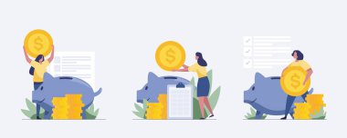 Set Piggy bank concept with Woman. illustration Vector