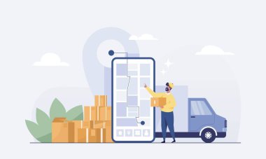 Staff deliver goods by car to customers on mobile app for tracking order. vector illustration