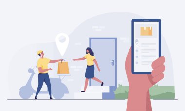 Delivery man with paper bag give to woman costumer. vector illustration