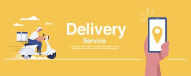 man holding smartphone with logistics transport delivery man location icon on yellow background. Vector illustration