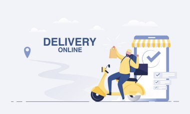 Fast delivery by scooter on mobile smartphone. E-commerce concept. vector illustration.