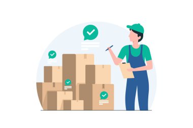 Depo sorumlusu, karton kutuları olan lojistik adam. Görüntü