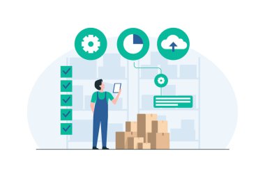 Stok kontrolü için tablet kullanan envanter uzmanı. Görüntü