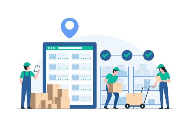 Depo Ortamı 'nda çalışan işçiler. Stok kontrolü için tablet kullanan envanter uzmanı. Görüntü