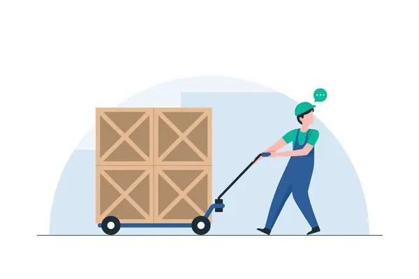 stock vector Worker Moving Goods with Electric Pallet Jack.   Illustration