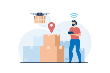 Paket teslimatı için İHA kullanan işçi. Modern Lojistik ve Nakliye Teknolojisinde yenilikçi bir teknoloji. Vektör İllüstrasyonu