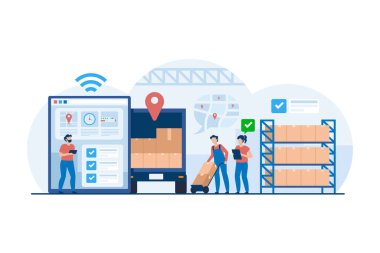Verimli Lojistik Ekibi Malzeme Zinciri Operasyonları Yönetimi. Modifiye edilmiş Nakliye ve Dağıtım Çözümleri için Modern Depo 'da Koordinasyon ve Envanter Kontrolü. Vektör İllüstrasyonu