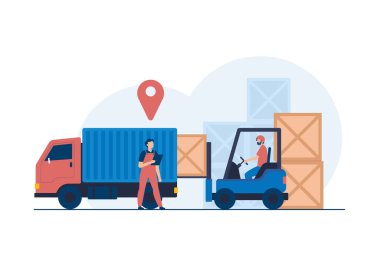 Forklift Operatörü Kutuları Akımlı Kargo Taşımacılığı ve Verimli Depo Lojistik Yönetimi için bir kamyona yüklüyor. Modern Ulaşım.