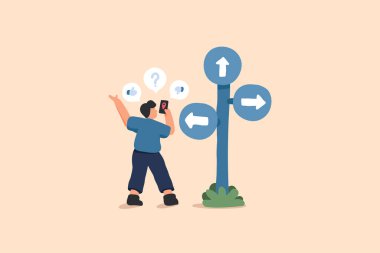 Bu illüstrasyonda çok yönlü okları olan bir tabela direğinin yanında düşünceli bir şekilde duran bir adam görülüyor. Sahne, seyrüsefer, karar verme ve keşfetmeyi sembolize eder. Kaprisli, elle çizilmiş bir stile sahiptir. 