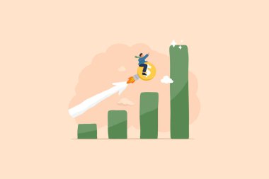Uçan bir roketin eşlik ettiği üstel bir okun yer aldığı mali rapor grafiğinin bir gösterimi, yatırım büyümesini, bileşik faizi ve iş ve finans alanında üstel başarıyı sembolize ediyor.