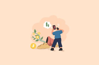 Bozuk bir tencere ve azalan kırmızı bir grafiği olan ve yatırım başarısızlığını ve finansal kaybı sembolize eden düşen bir dolar ağacının yanında sıkıntılı bir işadamının çizimi. Biçim, mücadele ve darbeyi vurguluyor.