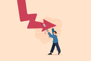 Kılıç tutan bir iş adamının resmi, sembolik olarak finansal bir çöküşü temsil eden büyük bir kırmızı aşağıya doğru oku durdurmaya çalışıyor. Sahne ekonomik zorluklara karşı aciliyet, mücadele ve direnç yansıtıyor.