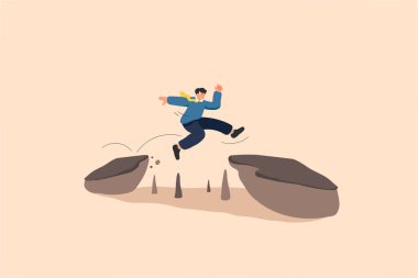 Uçurumlar arasındaki boşluğun üzerinden atlayan bir adamın dinamik bir çizimi. Cesareti, kararlılığı ve zorlukları aşmayı sembolize ediyor. Oyuncu el çizimi biçimi onu motivasyon içeriği, kişisel büyüme temaları veya 404 hata sayfası için ideal hale getirir.