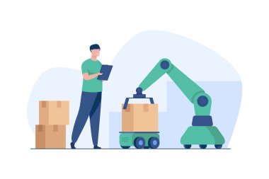 Otonom mobil robotlar (AMR) ve robotik silah kullanım paketlerinin etkili olduğu akıllı bir depo. Bir işçi dijital bir kontrol listesi kullanarak süreci izler. Lojistik, otomasyon ve sanayi 4.0 kavramları için ideal.