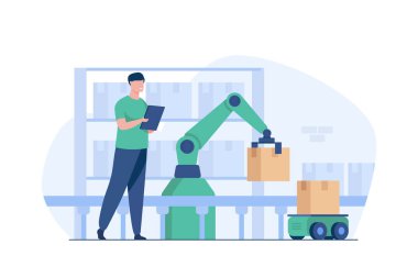 Yüksek teknolojili bir depoda paketleri ayıran yapay zeka sistemli robot sistemler. Gelişmiş otomasyon lojistik verimliliği artırır, hataları azaltır ve modern tedarik zinciri yönetiminde siparişi tamamlamayı hızlandırır.