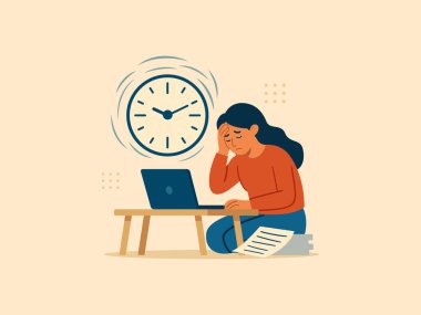 Bir kadın masasında yorgun bir şekilde oturuyor, kağıtlar birikiyor ve arkasında hızlı dönen bir saat var. Zaman yönetimi yorgunluğunu ve aşırı çalışmayı gösteriyor. Bu asgari vektör işyeri stresi ve verimlilik sorunlarını vurgular.