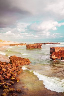 Rocks and cliffs among waves near Bali island coastline, Indonesia. A beach in the Indian ocean. High quality photo