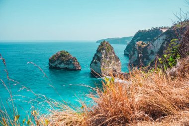 The Atuh beach, Nusa Penida island near Bali, Indonesia. Ocean waves, cliffs and dry grass. High quality photo