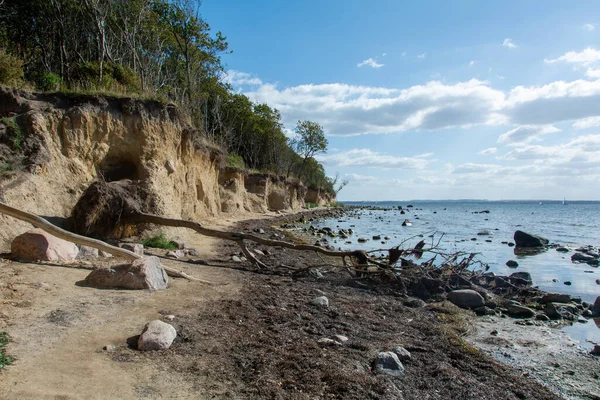 stock image Steep coast on the black bush with many large stones in the sea, on the island of Poel on the Baltic Sea, Germany