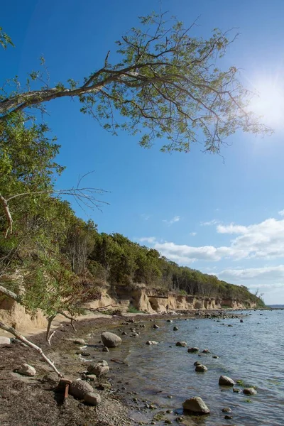 Costa Íngreme Arbusto Preto Com Muitas Pedras Grandes Mar Ilha — Fotografia de Stock
