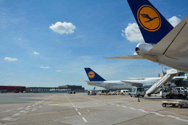 Frankfurt Airport Germany August 02, 2022 - Lufthansa machines at the terminal