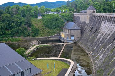 View of the Edertalsperre with blue sky and clouds, in Hesse, Germany