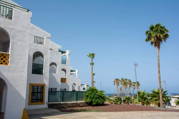 White house with palm trees and blue sky on Canary island Tenerife, Spain