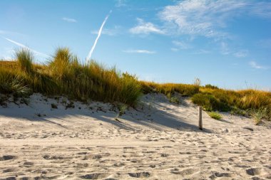 Kum tepecikli kumsalda mavi gökyüzü