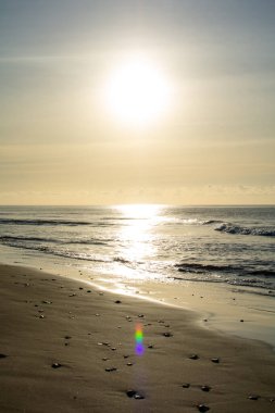 Kumlu bir kumsalın etrafında gün doğumu