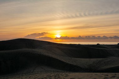 İspanya 'daki Gran Canaria' da Maspaloma 'nın kumullarında. Dev kum tepeleri küçük bir çöle benzer ve doğa koruma alanıdır..