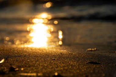 Kumsal bulanık arkaplanlı, güneş turuncuyla batıyor, ve bokeh