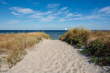 Mavi gökyüzü ile denize bakan kum tepeleri arasındaki yol. 