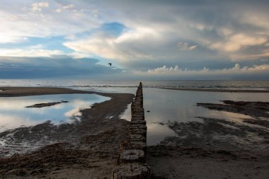 Baltık Denizi kıyısında dalgalar, alçak gelgitler, gökyüzü ve bulutlar...