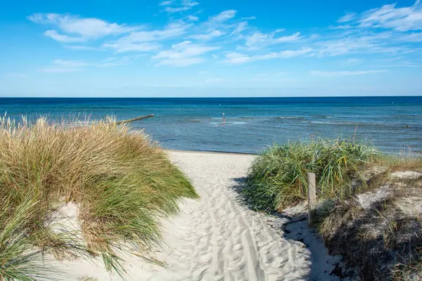 Path Sand Dunes Overlooking Sea Blue Sky Stock Picture