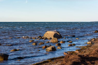 Baltık Denizi kıyısındaki sularda dalgalar ve ufuklarla büyük taşlar uzanır.