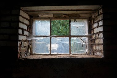 Örümcek ağlı eski bir kiler penceresi, dışarısı manzaralı ve kayıp bir cam bölmesi var.