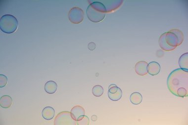 Birçok renkli sabun köpükleri gökyüzünde yüzer.
