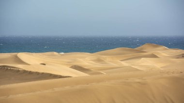 İspanya 'daki Gran Canaria' daki Maspalomlar 'ın kumulları, deniz ve mavi gökyüzü. Dev kum tepeleri küçük bir çöle benzer ve doğa koruma alanıdır..