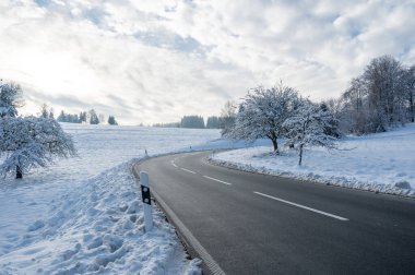Ağaçlı kar manzarası, yol ve bulutlu mavi gökyüzü