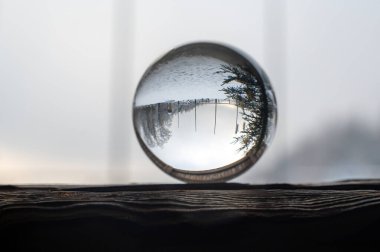 Soğuk bir kış gününde, camda ağaçların yansımaları ve karla kaplı bir ağaçta cam top.