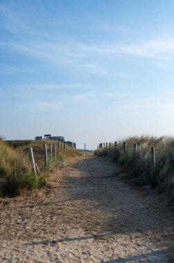 Hollanda 'da Egmond aan Zee' de Kuzey Denizi kıyısında çitleri ve plaj çimlerini olan kumlu bir arazide bir patika.