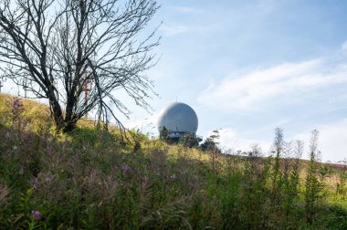 Radar kubbesi, Almanya 'nın yüksek Rhoen bölgesindeki Wasserkuppe zirvesinde, yeşil bir çayır ve pembe bir Willonerb ile, mavi gökyüzü ile güzel bir yaz günü