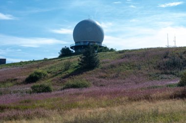 Radar kubbesi, Almanya 'nın yüksek Rhoen bölgesindeki Wasserkuppe zirvesinde, yeşil bir çayır ve pembe bir Willonerb ile, mavi gökyüzü ile güzel bir yaz günü