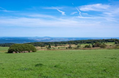 Yeşil çayır manzarası ve yüksek Rhoen, Almanya 'da bazı ağaçlar