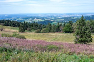 Almanya 'nın yüksek Rhoen kentindeki vadiye bakan bir dağdan manzara.